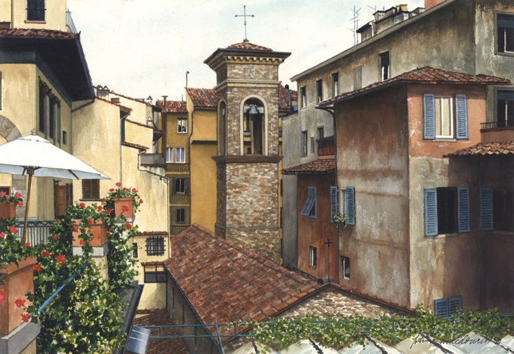 Early Morning: Florence, Italy - Limited Edition Print, original watercolor by Lotus MacDowell, Artworks WV. This is a view that Lotus woke up seeing from her hotel window in Florence, Italy. She liked the stone church tower in the middle, and the way the light and shadows played against each other. The day seems overcast/partly cloudy yet there seems to be a little brightness in the foreground, by the umbrella.