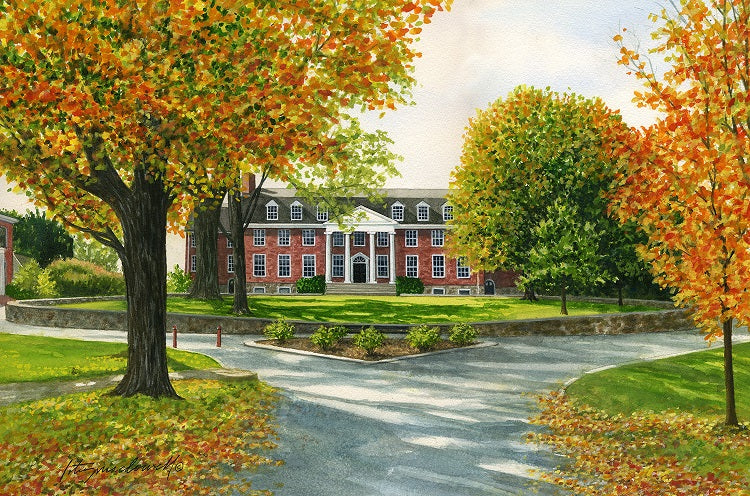 Saint James School-Hagerstown, MD- Limited Edition Giclee Print, original watercolor by Lotus MacDowell, Artworks WV. This Beautiful painting of a private school captures all the tradition of an old school (in operation since 1842) and the kind of classic beauty that takes years of cultivation to create. Aged brick with a bold impressive entrance stands in a stately setting like a grand dame.