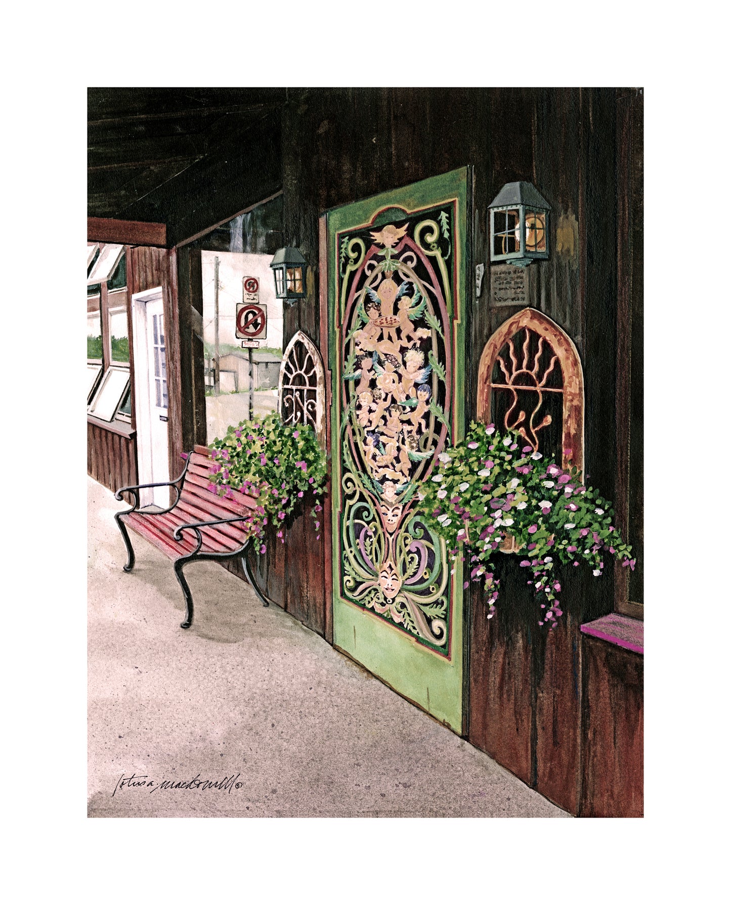 Divine Pizza, Sirianni's- Canaan Valley, WV - Limited Edition Giclée Print, original watercolor by Lotus MacDowell, Artworks WV. Do you love pizza and funky little restaurants? Well then, this is the place for you! A hidden gem in the mountains of Canaan Valley, WV, this original watercolor painting called "Divine Pizza- Sirianni's" was created by artist Lotus MacDowell because she loved the door. The door, you say?? Yes, the door.