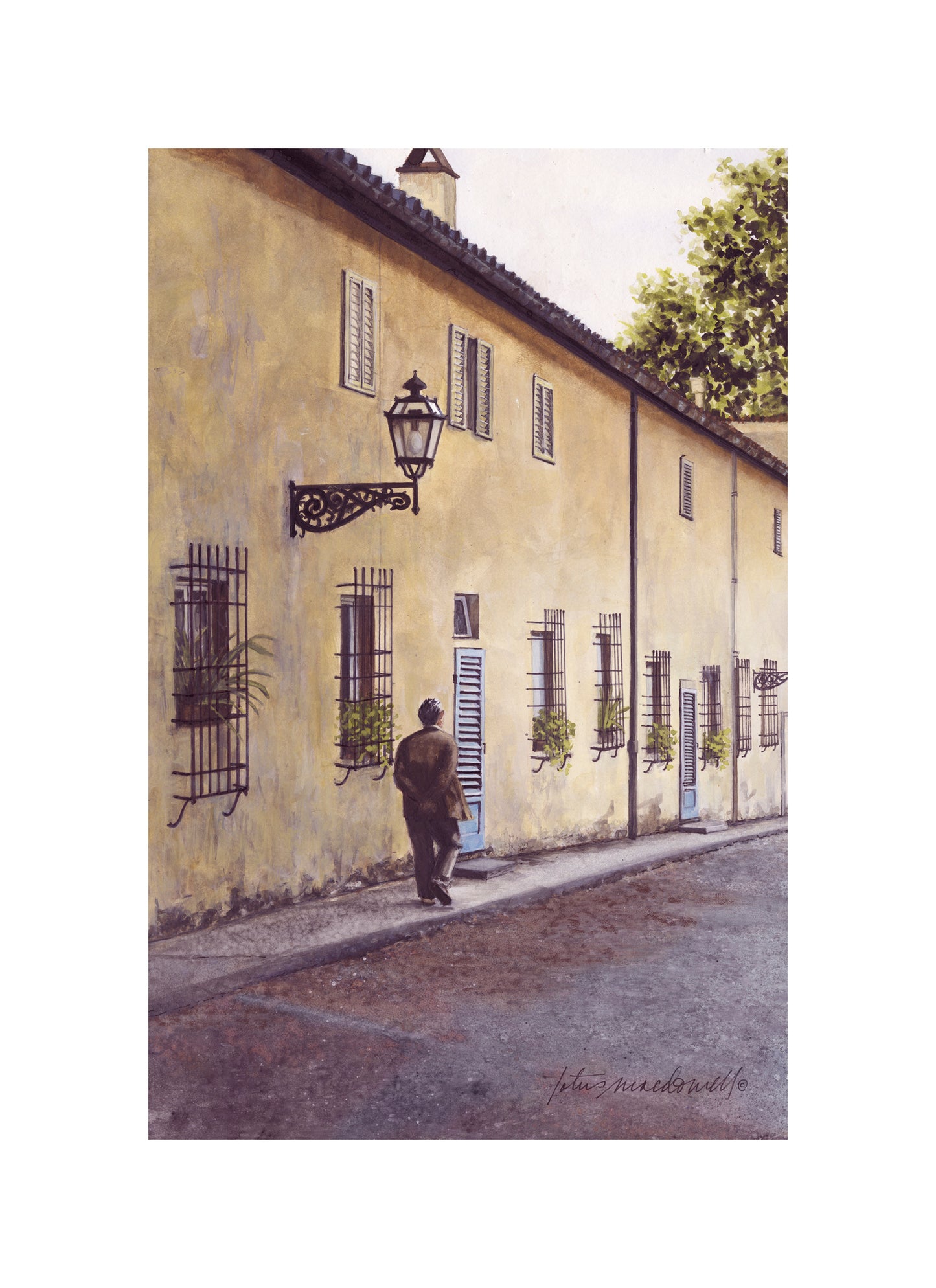 Evening Stroll, Pitti Palace, Florence, Italy- Limited Edition Giclée Print, original watercolor by Lotus MacDowell, Artworks WV. Oh, the beauty of Italy-where strolling along the streets is practically a national pastime. Lotus MacDowell has captured the essence of this activity in her watercolor painting of a man strolling in the evening.