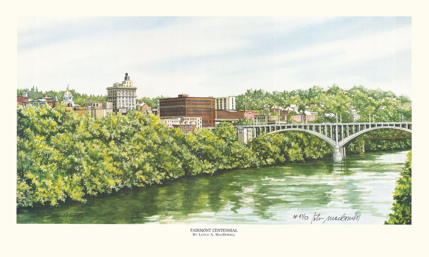 Fairmont Centennial, Fairmont, WV - Limited Edition Print, original watercolor by Lotus MacDowell, Artworks WV. This bridge lies over the Monongahela River in Fairmont, WV. This bridge was rebuilt to mirror the original bridge that graced the end of this city. The Main Street Development Association commissioned the painting to coincide with the Centennial, hence the title.