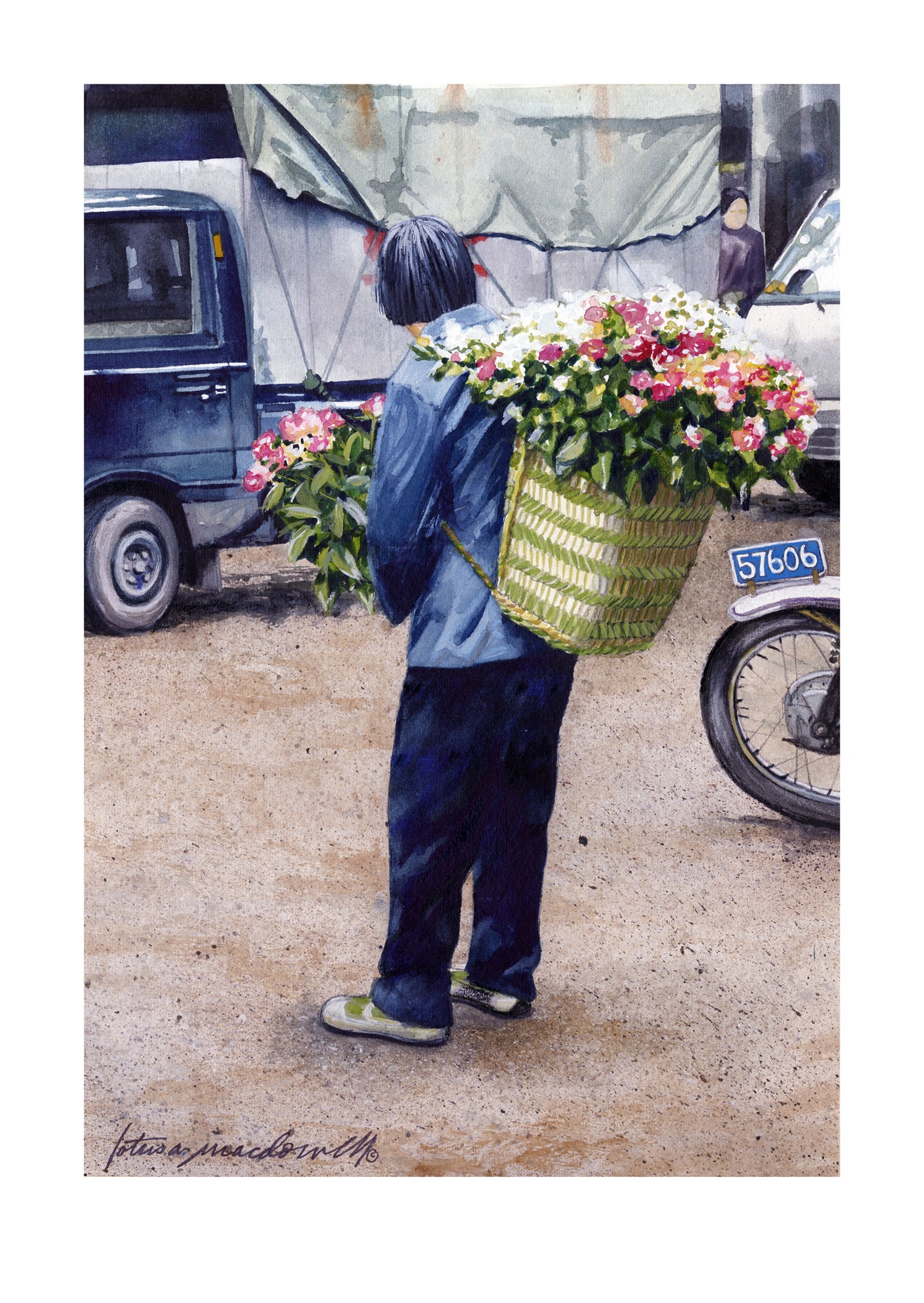 Flower Vendor: Tonglii, China- Limited Edition Giclee Print. Flowers, anyone? This charming image is created from a full color watercolor painting by Lotus MacDowell, inspired by her travels to China. The title, "Flower Vendor- Tonglii, China", beautifully depicts a woman in the streets with a huge basket on her back filled with flowers, selling to passersby.