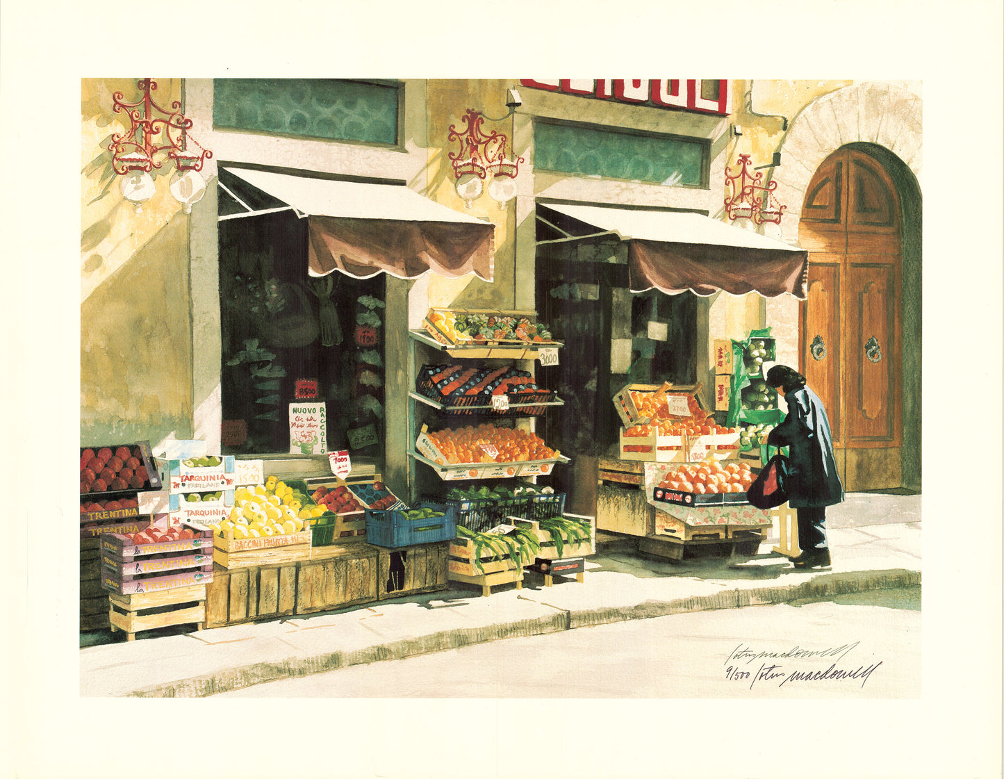Fruit Market: Florence Italy- Limited Edition Print. Ahh...the romance of Italy comes alive in "Fruit Market- Florence"; from the beautifully detailed original watercolor painting by Lotus MacDowell. The vibrant colors of the fruits, the awnings shading the windows, and the tremendous contrasts of light and shadow all pull together to make this Italian street scene a complete story in one image.