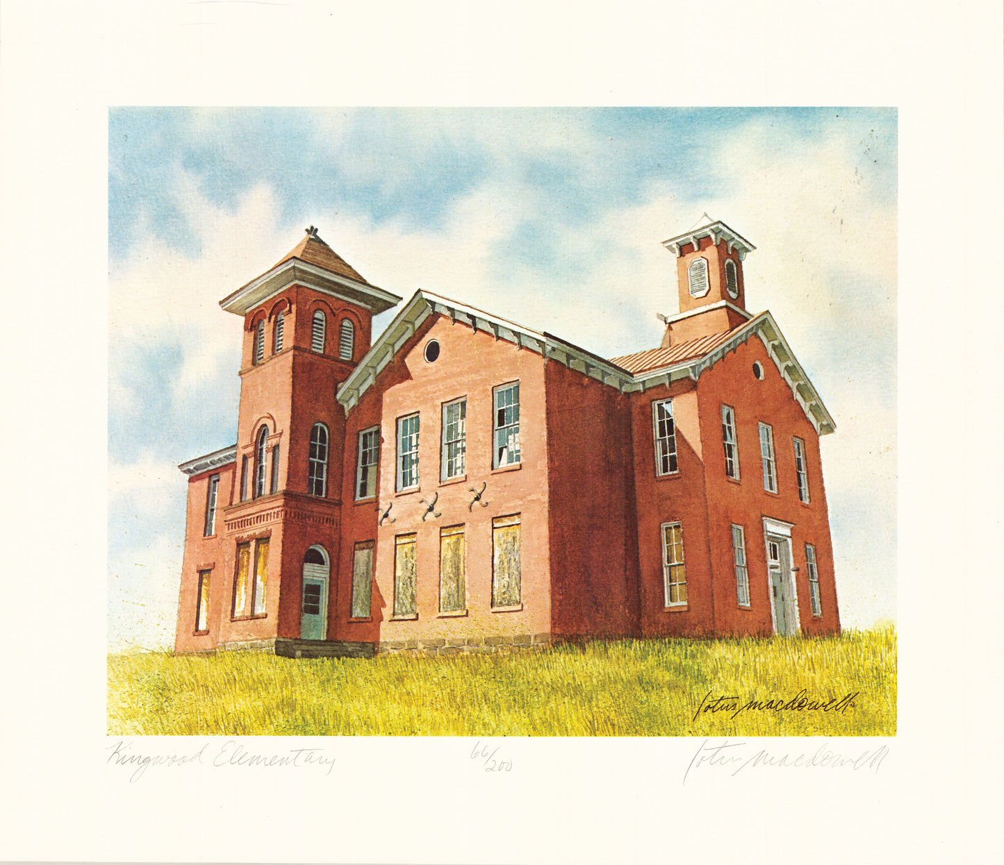 Kingwood Elementary, Preston Co., WV- Limited Edition Print, original watercolor painting by Lotus MacDowell, Artworks WV. History and Architecture - now there's a match made in heaven. We have both, in this watercolor painting titled “Kingwood Elementary", but the name hides the true identity of this building. This architectural study of a civil war era building in Preston County, WV was used as a hospital during that war and later became a school.