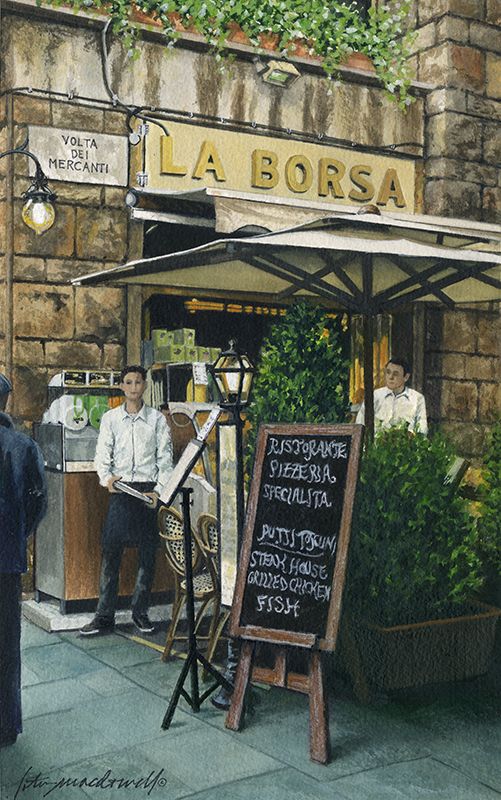 LaBorsa: Florence Italy- Limited Edition Giclee Print, original watercolor by Lotus MacDowell, Artworks WV. Wow - what you wouldn't give to be seated at this charming little cafe' in the center of Florence! Just watching the people stroll by while you sip on a cappuccino or savor a glass of wine, eating delicious Italian fare...it doesn't get any better than that.