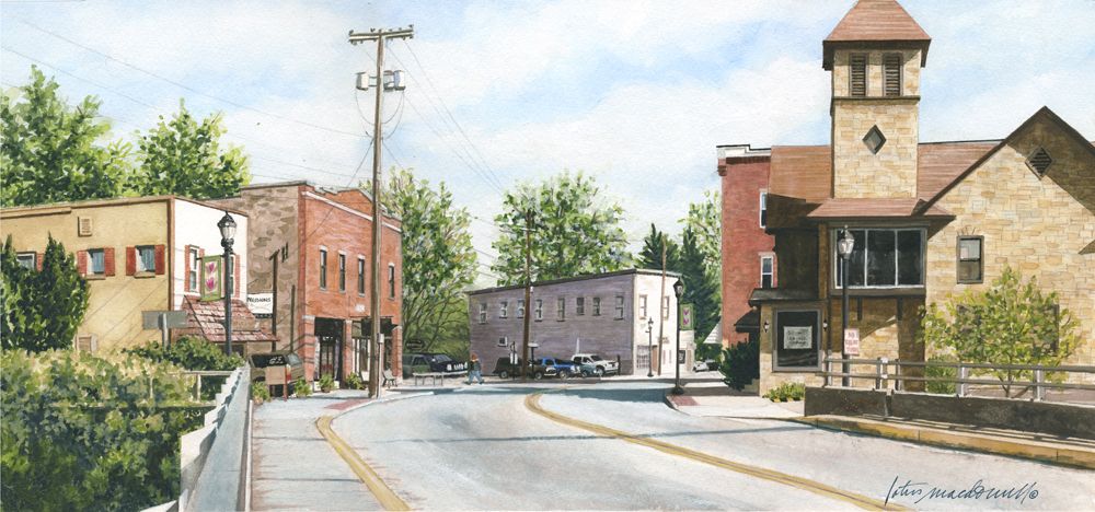 Main Street: Bridgeport, WV- Limited Edition Giclee Print. The small-town life you see here in this classic depiction of a street scene in Rural America is originally painted in watercolor by Lotus MacDowell Artworks WV. Now this image is available as a Limited Edition Giclee Print titled "Main Street, Bridgeport".