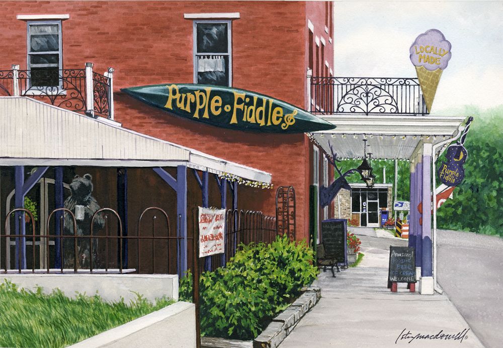 Purple Fiddle-Canaan Valley, WV-Limited Edition Giclee Print, original watercolor by Lotus MacDowell, Artworks WV. The Purple Fiddle is a cool, funky place where live music is played along with great food and a whole different audience than you would ordinarily find in one place. This Limited Edition Giclee Print was made from a full color watercolor painting by Lotus MacDowell. There is purple splashed everywhere which adds to this extravagant, unique place.