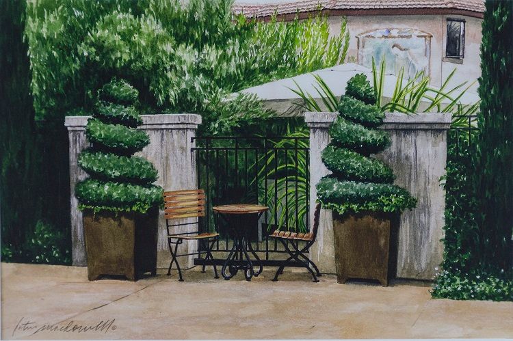 Rendezvous-Napa Valley, CA- Limited Edition Giclee Print, original watercolor by Lotus MacDowell, Artworks WV. There is something intriguing about a table and two chairs in a café setting; perfect for a "Rendezvous", the exquisite watercolor painting by Lotus MacDowell. In this image the lush green ornamental trees create a private area beside large pillars and an iron gate, with the table and chairs tucked in the middle.