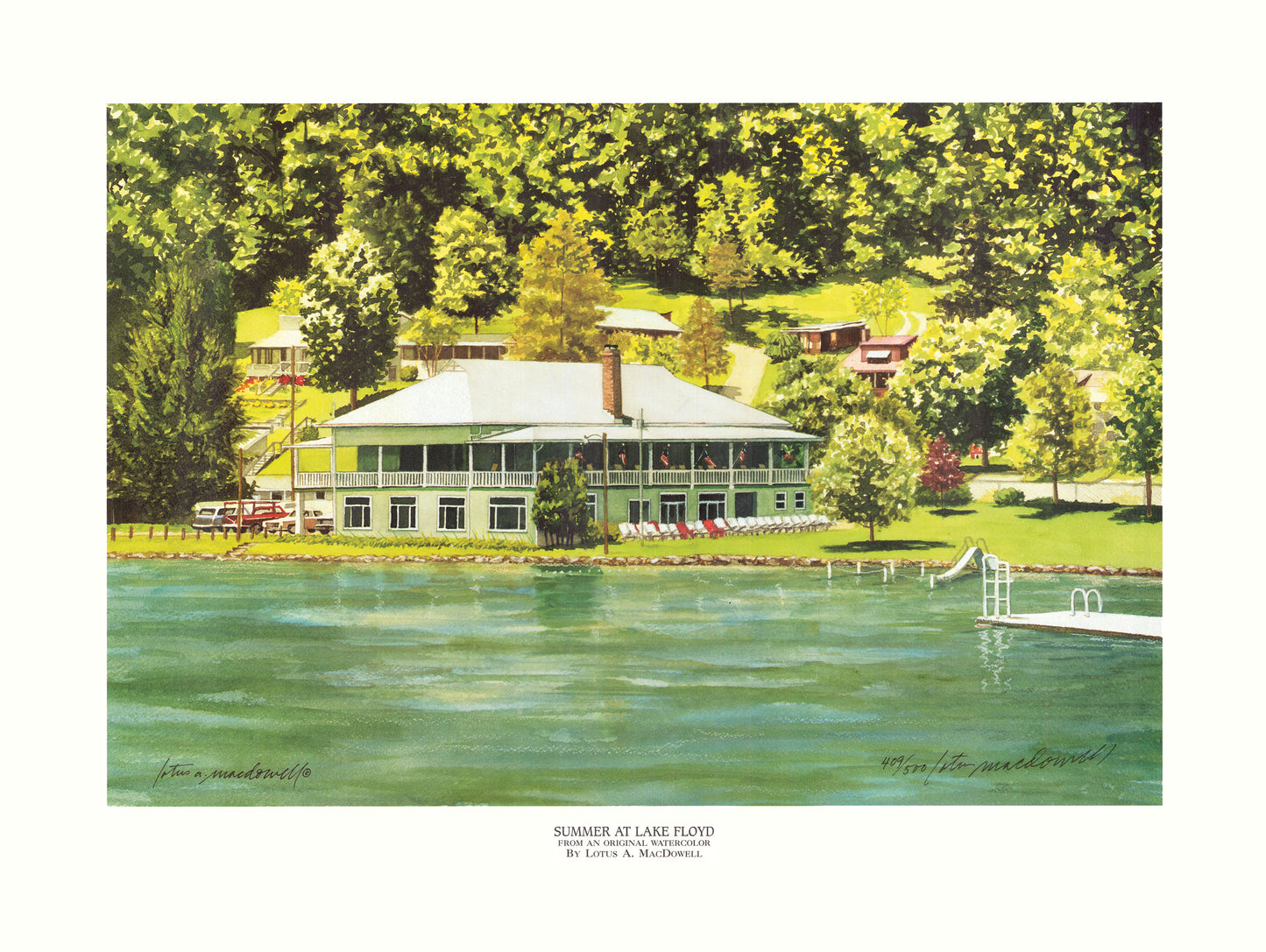 Summer at Lake Floyd-Clarksburg, WV- Limited Edition Print, original watercolor painting by Lotus MacDowell, Artworks WV. Summertime, and the living is easy...just as we can imagine with this refreshing water scene located in West Virginia. The sun beats down in the summer afternoon on a white clubhouse, with its wrapped screened-in porch, casting cool green shadows on the walls.