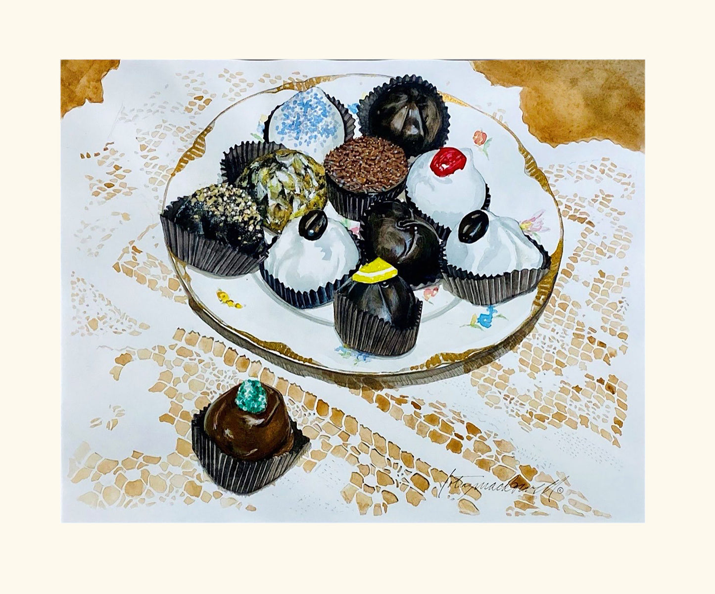 Truffles-Pastry II- Limited Edition Print. Wow - just look at those chocolate truffles! This tantalizing display of edible art is the subject for Artworks WV's principle artist, Lotus MacDowell’s original watercolor painting called "Truffles-Pastry 2". Displayed on an antique plate that is placed on a lace cloth, each truffle is painstakingly created to look rich, delicious, and unique.