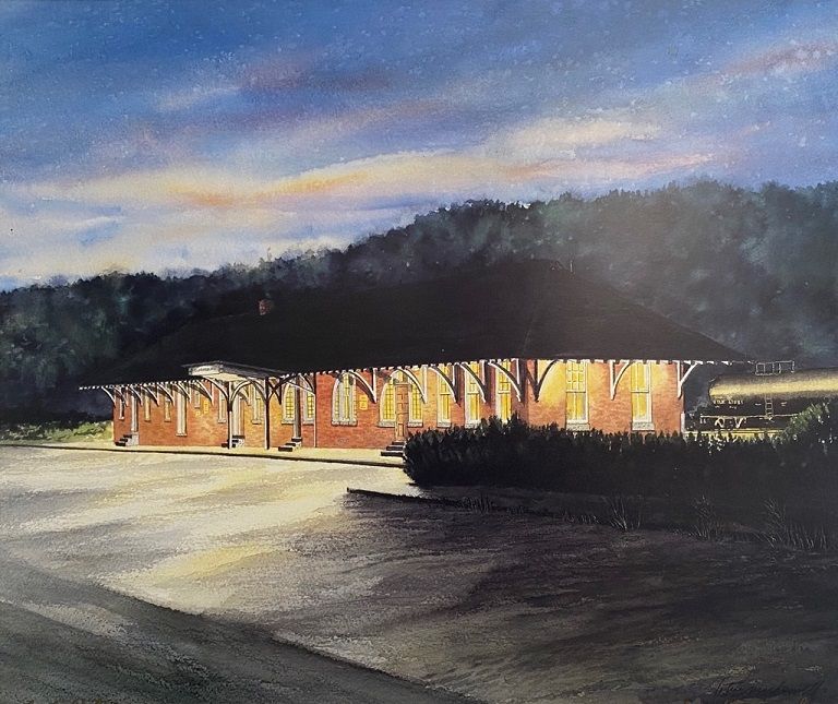 Twilight Remembrance- Limited Edition Print, original watercolor painting by Lotus MacDowell, Artworks WV. Twilight; That special time when day gives over to night and sets the scene in this unique rendering of a train station. This full color watercolor painting by Lotus MacDowell depicts a train station, its background shrouded with the deep greens and blues of the oncoming night shadows.