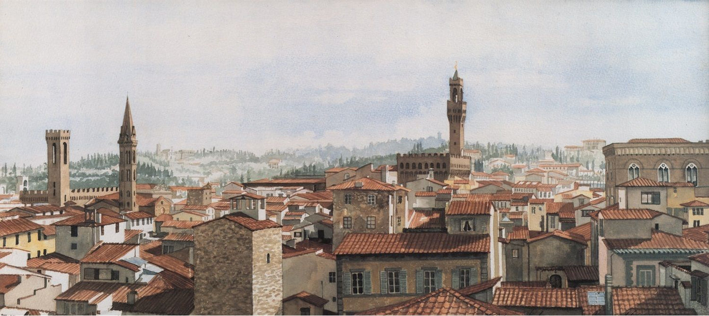 What I Saw-Florence, Italy- Limited Edition Print. Attention all lovers of architecture and romance! Now you can combine the two into one! This panoramic view of Florence, Italy is from an incredibly detailed watercolor painting by Lotus MacDowell, Artworks WV.