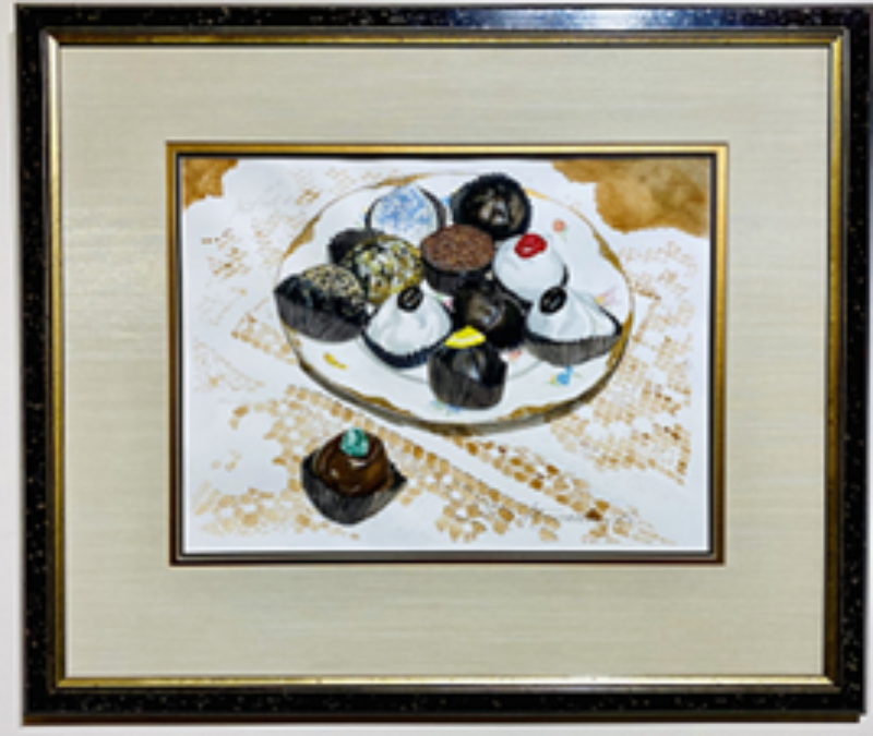 Truffles-Pastry II- Original Watercolor Painting, with Gold Embellishment. Wow - just look at those chocolate truffles! This tantalizing display of edible art is the subject for Artworks WV's principle artist, Lotus MacDowell’s watercolor painting called "Truffles-Pastry 2". Displayed on an antique plate that is placed on a lace cloth, each truffle is painstakingly created to look rich, delicious, and unique.