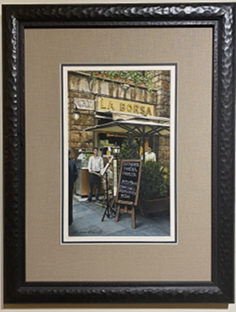 LaBorsa: Florence Italy- Original Watercolor Painting by Lotus MacDowell, Artworks WV. Wow - what you wouldn't give to be seated at this charming little cafe in the center of Florence! Just watching the people stroll by while you sip on a cappuccino or savor a glass of wine, eating delicious Italian fare...it doesn't get any better than that. That's why you will love this incredibly detailed watercolor painting, titled "La Borsa", by Lotus MacDowell.
