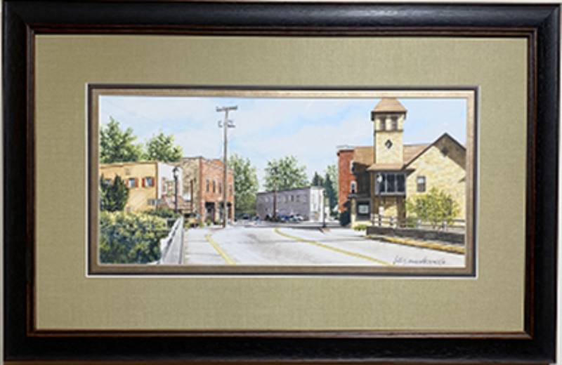Main Street: Bridgeport, WV- Original Watercolor Painting: This small-town life you see here in this classic depiction of a street scene in Rural America is an original watercolor painting by Lotus MacDowell, Artworks WV. Titled "Main Street, Bridgeport" it's where old architecture gives an area character, with sunlight spilling across the road and a small local coffee shop...all the ingredients for a nice, lazy day.