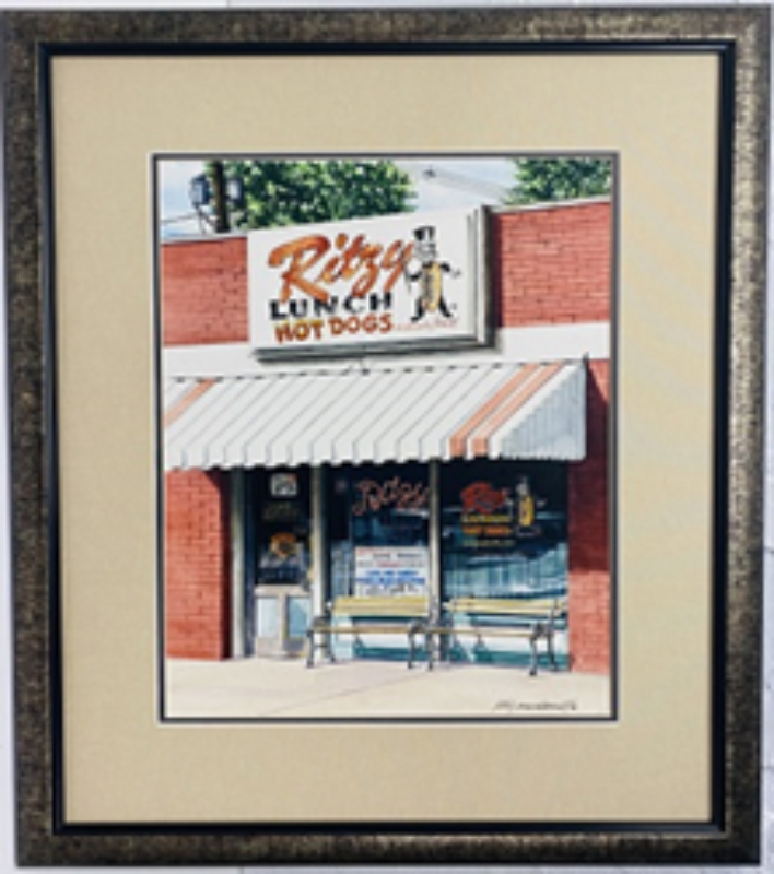 Ritzy Lunch-Clarksburg, WV- Original Watercolor Painting by Lotus MacDowell, Artworks WV. See this beautiful close-up rendering of a small-town local bar and restaurant and you will want to grab a hot dog and sit on those front benches, enjoying the sunshine. This watercolor painting by Lotus MacDowell will bring a sense of charm and history to your home, office, or guest house.