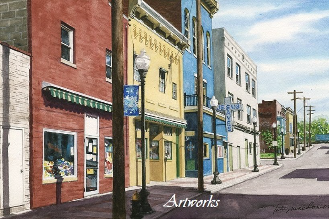 esus Saves-Clarksburg, WV- Limited Edition Giclee Print, original watercolor painting by Lotus MacDowell, Artworks WV. This street scene is in the Glen Elk section of Clarksburg, WV: the warehouse area where people caught the train to go to DC and New York; at the end of the street is one of the train cars.