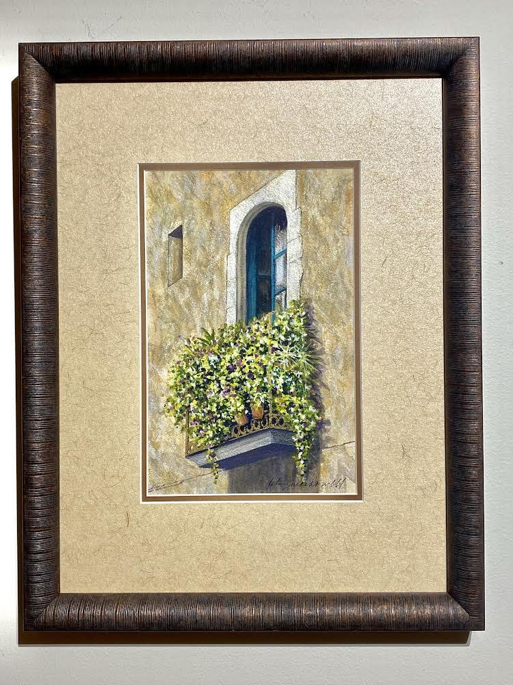 Open Invitation- Paris Original Watercolor Painting by Lotus MacDowell, Artworks WV.  Balconies are usually found in areas where buildings have been constructed with no green areas. This was very common 100 to 300 years ago or more, but the way people would bring the beauty of nature to their home was to have a profusion of plants and flowers on their balconies. It gave them a sense of having nature right there to enjoy even though they were right in the city.