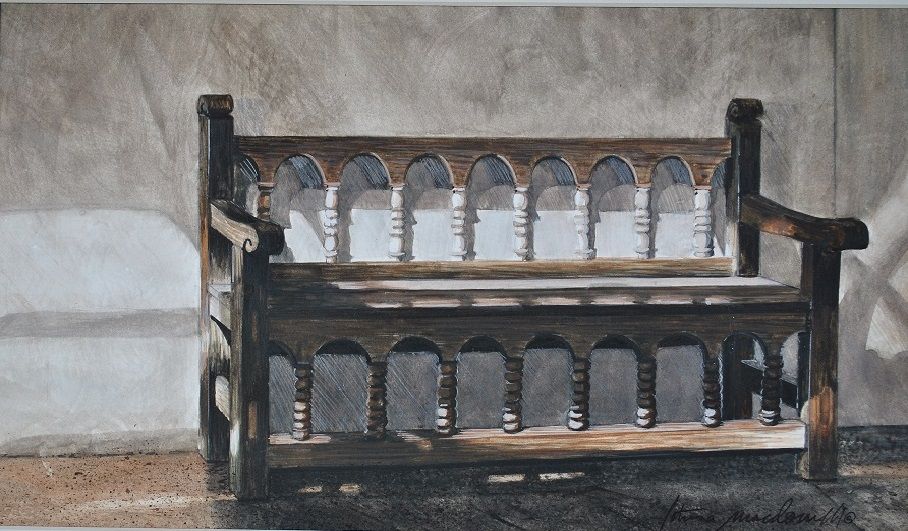 Mission Bench-Napa Valley, CA- Limited Edition Giclee Print. Introducing a stunning new original watercolor and graphite image of an old carved bench in late afternoon sunlight titled “Mission Bench" by Lotus MacDowell, Artworks. This piece of art, inspired by a vineyard entrance in Napa Valley, CA, was created with a limited palette of colors.